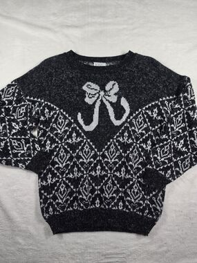 Men's Black & White Patterned Knit Sweater with Bow Accent